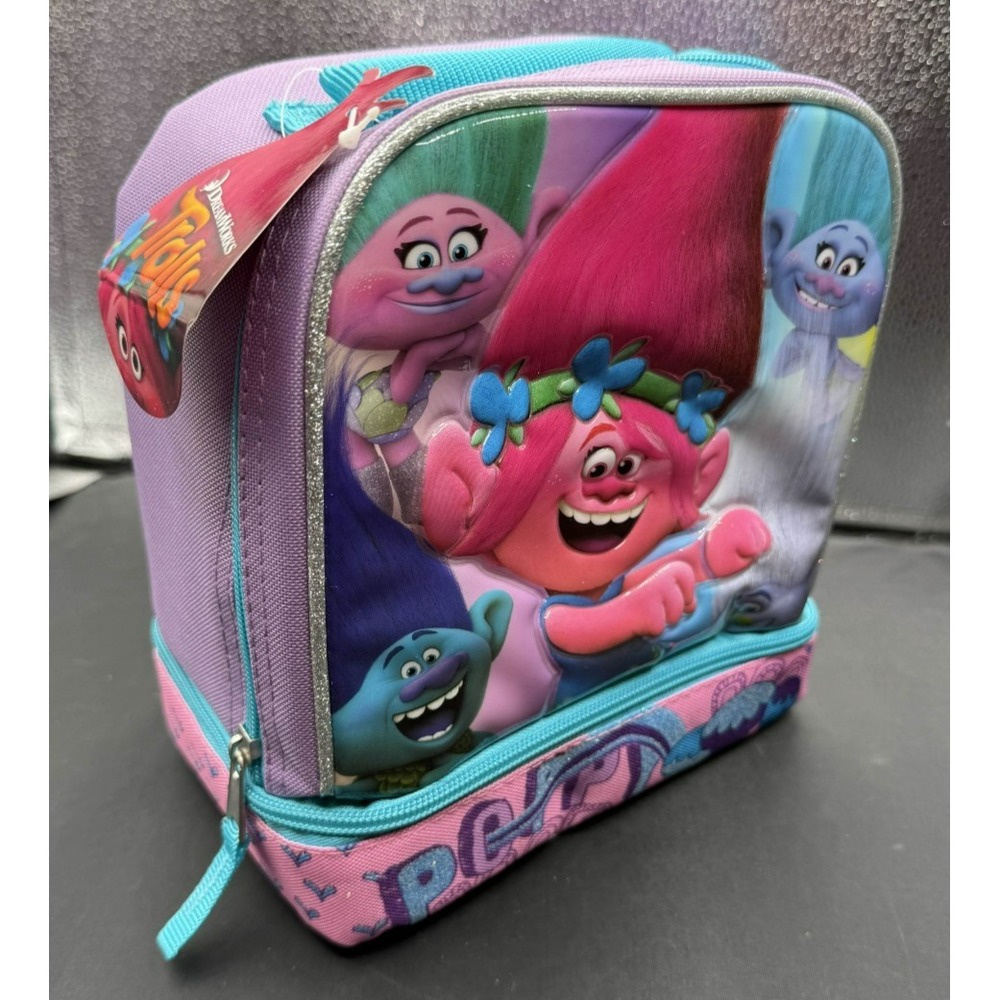 DreamWorks Trolls Poppy Insulated Lunch Box Dual Compartment Pink Purple Bag New